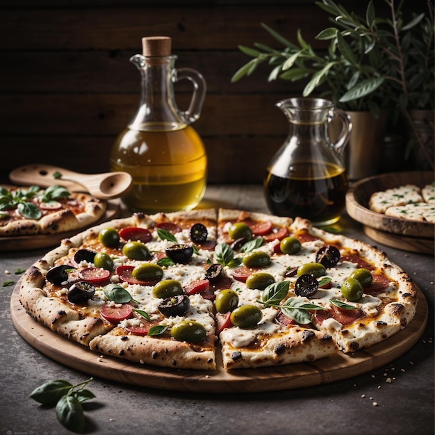 Italian pizza with olives and a bottle of olive oil