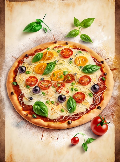 Italian pizza with tomatoes mozzarella basil olives Watercolor pizza Mediterranean Kitchen