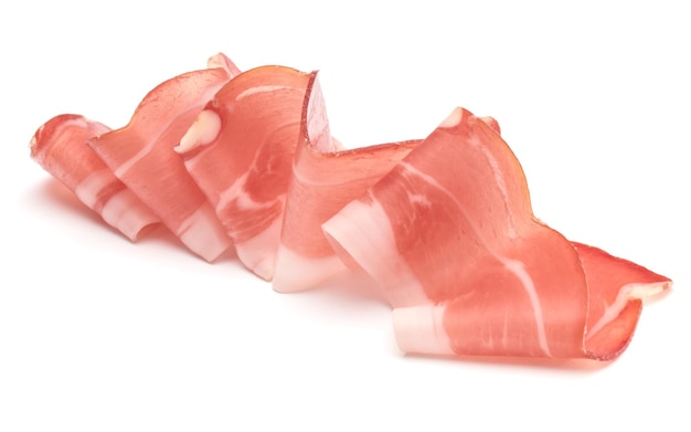 Italian prosciutto crudo or jamon Raw ham Isolated on white background