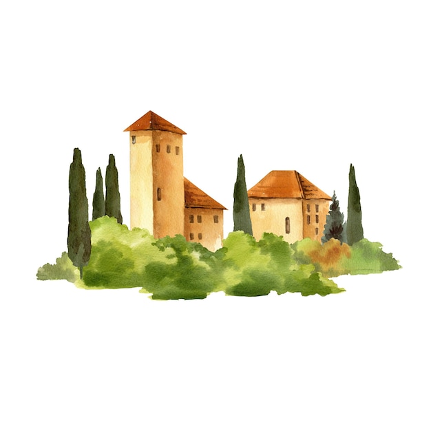 Photo italian rural landscape ancient houses and towers cypress trees and bushes watercolor isolated view element mediterranean europe horizontal scenery with for travel tourists designs