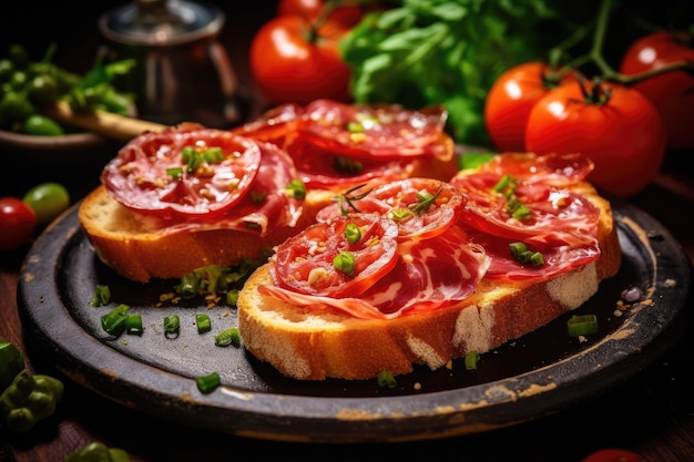 Italian salami open sandwiches with tomatoes and herbs on a plate