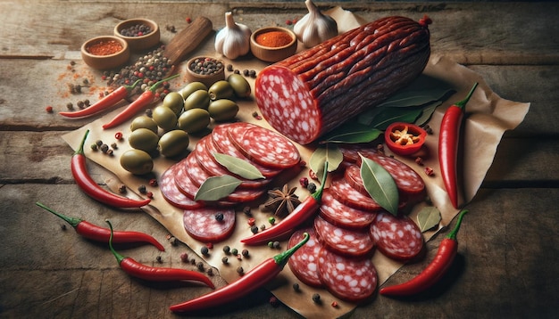 Italian salami on a wooden backdrop accompanied by olives and spices