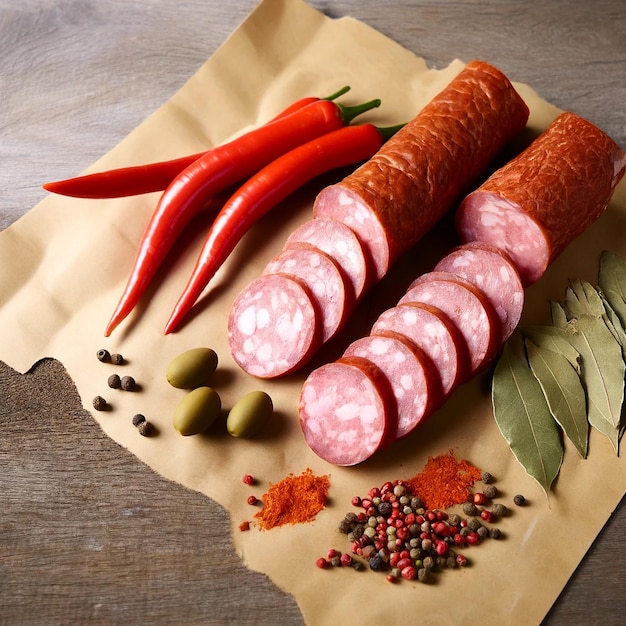 Italian salami on a wooden backdrop accompanied by olives and spices