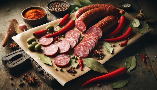 Italian salami on a wooden backdrop accompanied by olives and spices