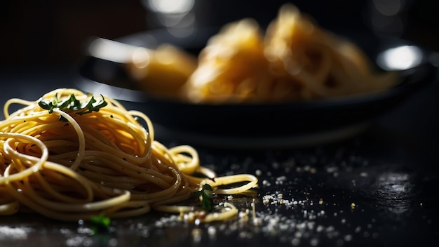 Italian spaghetti Aglio Olio Traditional italian pasta with oil and garlic on the blasck table