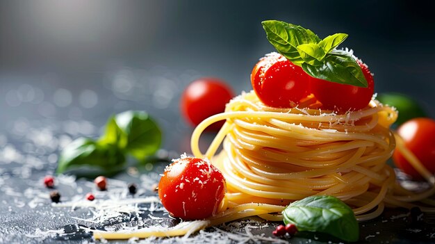 Italian spaghetti pasta with cherry tomatoes basil and parmesan on a dark background