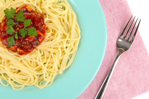 Italian spaghetti in plate on wooden table