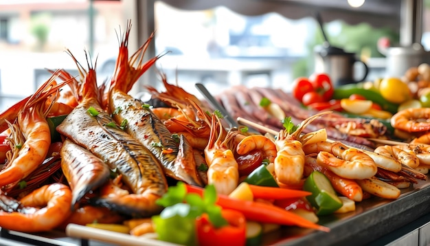 Photo italian street food grilled seafood fish shrimps calamari and vegetables isolated with white