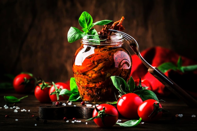 Italian Sun Dried tomatoes in olive oil with green basil and spices in glass jar on wooden kitchen table rustic style copy space