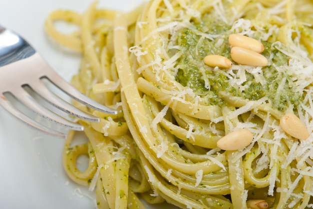 Italian traditional basil pesto pasta ingredients