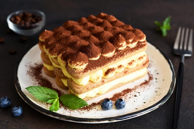 Italian traditional tiramisu dessert in a plate on a concrete background