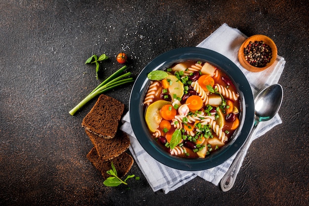 Italian vegetable soup Minestrone with fusilli pasta