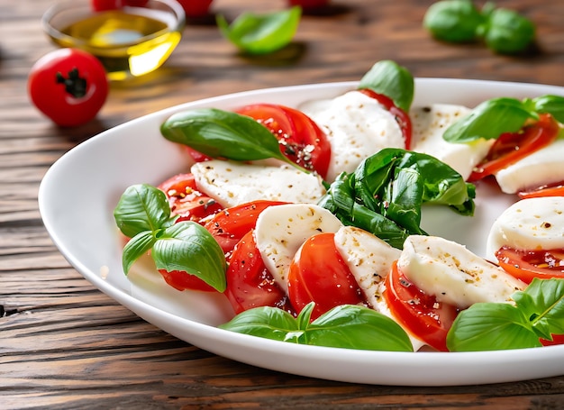 Itallian Food Closeup Shots of Gourmet Caprese Salad with Cherry Tomatoes Mozzarella Cheese