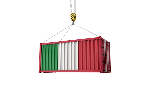 Italy flag cargo trade container hanging from a crane d render