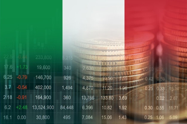 Italy flag with stock market finance economy trend graph digital technology