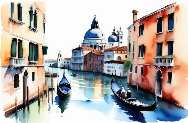 Italy postcard travelling concept watercolor illustration of water canals with gondolas in Venice