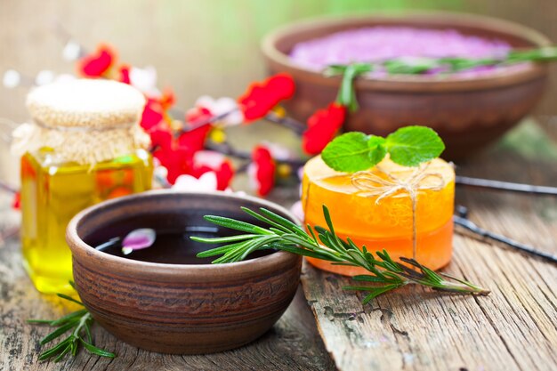 Items and accessories for spa salons in composition on the table.