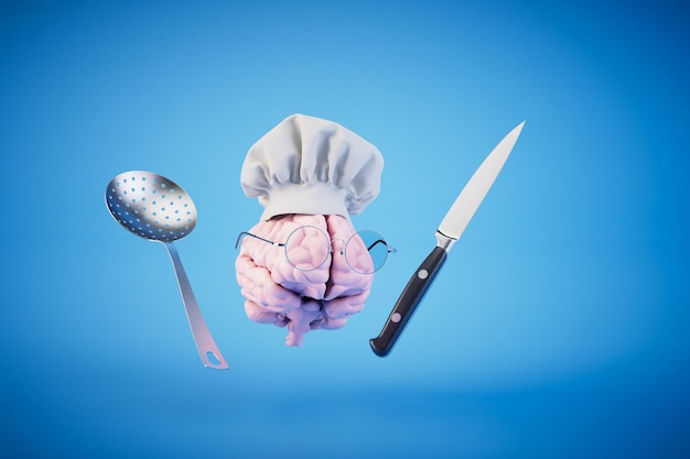 Items for cooking knife and noise next to the brain in the chef's hat 3D render