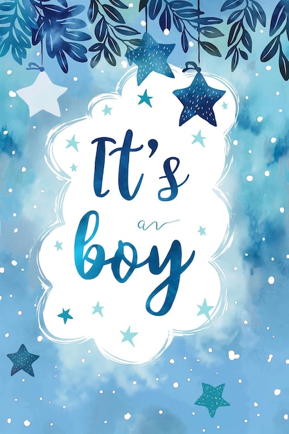 Its a boy baby shower invitation card with floral pattern and stars on blue background