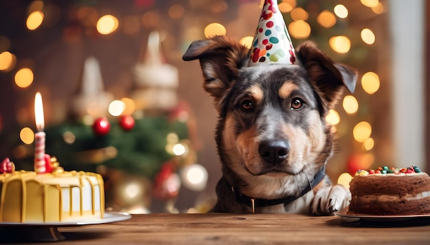 Its a dogs birthday sitting at the table in a festive cap theres a cake on the table