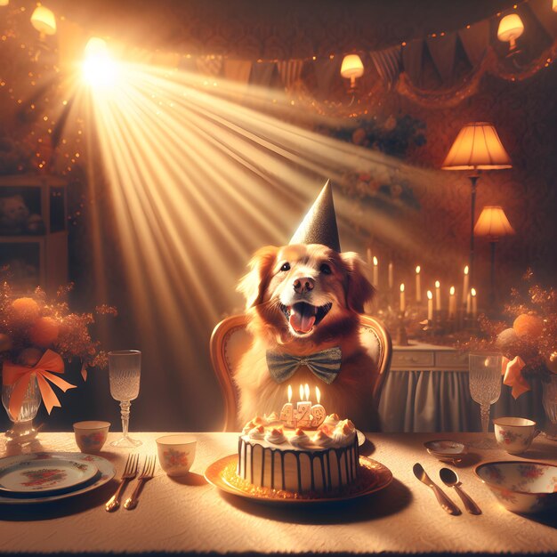 Its a dogs birthday sitting at the table in a festive cap theres a cake on the table