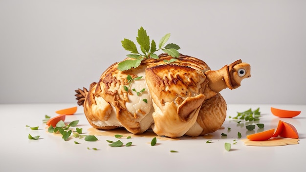 Photo its a roasted chicken with a toy chicken head on top with some parsley and a tomato