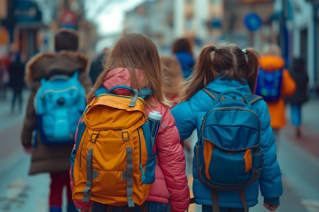 ittle schoolchildren with backpacks walking down the street rear view