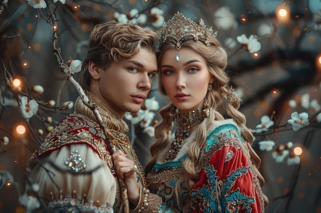 Photo ivan the fool and vasilisa the beautiful in a whimsical scene from russian folklore full of charm and magic