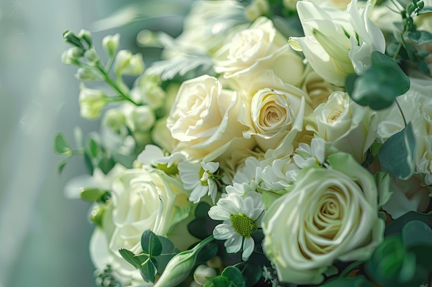 Ivory and green wedding bouquet of roses and freesia flowers