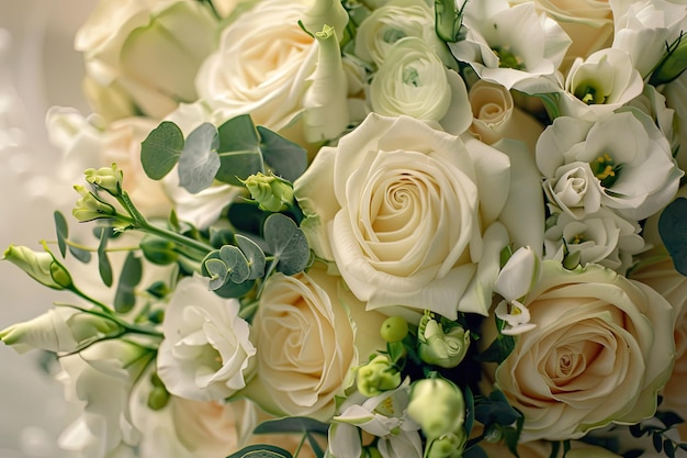 Ivory and green wedding bouquet of roses and freesia flowers