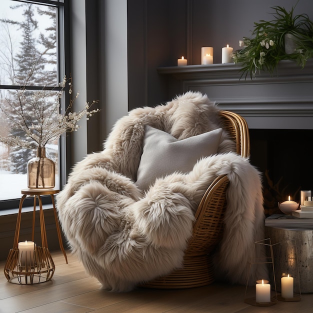 Ivory snuggle chair with fur plush blanket near decorated christmas tree Hygge new year winter hol