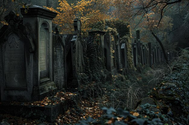 Photo ivy covering old abandoned graveyard tombs in autumn