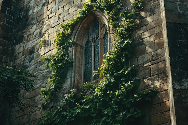 Ivycovered window on an ancient stone church in a quiet forest during late afternoon sunlight