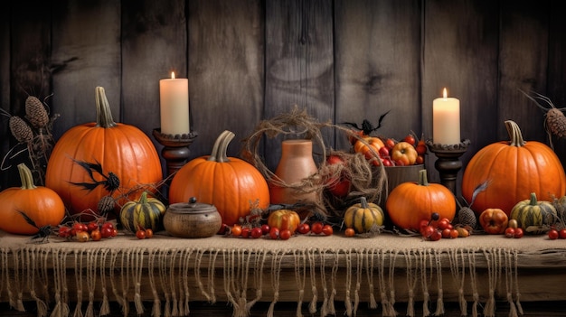 Jack lantern on the table Halloween night Burning candles Halloween background