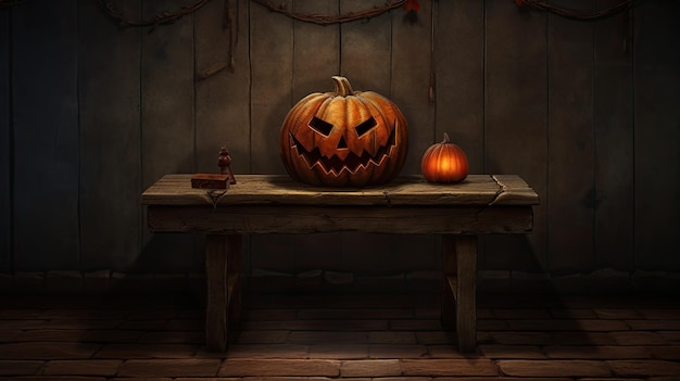 Jack lantern on the table Halloween night Burning candles Halloween background