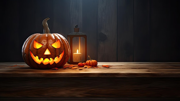 Jack lantern on the table Halloween night Burning candles Halloween background