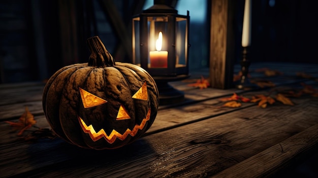 Jack lantern on the table Halloween night Burning candles Halloween background