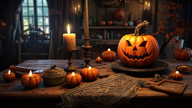 Jack lantern on the table Halloween night Burning candles Halloween background