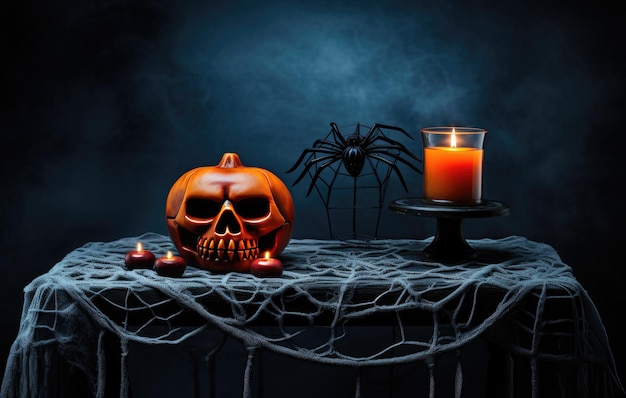 Jack lantern on the table Halloween night Burning candles Halloween background