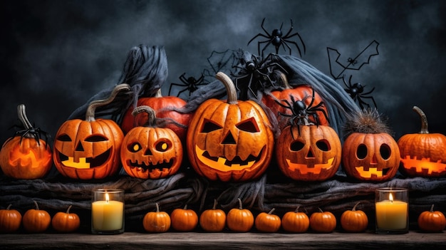 Jack lantern on the table Halloween night Burning candles Halloween background