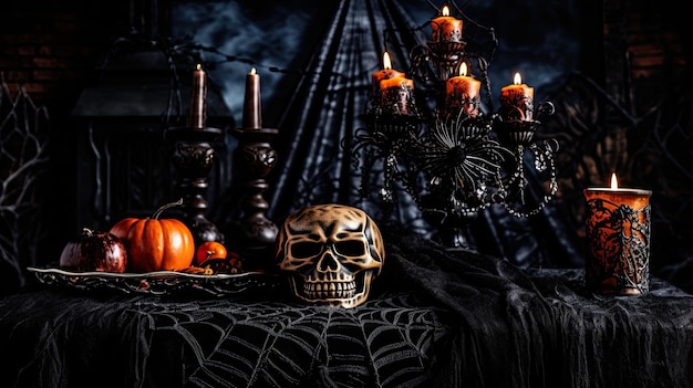 Jack lantern on the table Halloween night Burning candles Halloween background