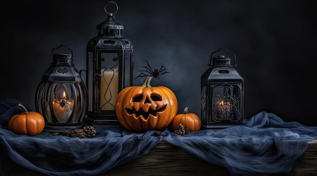 Jack lantern on the table Halloween night Burning candles Halloween background