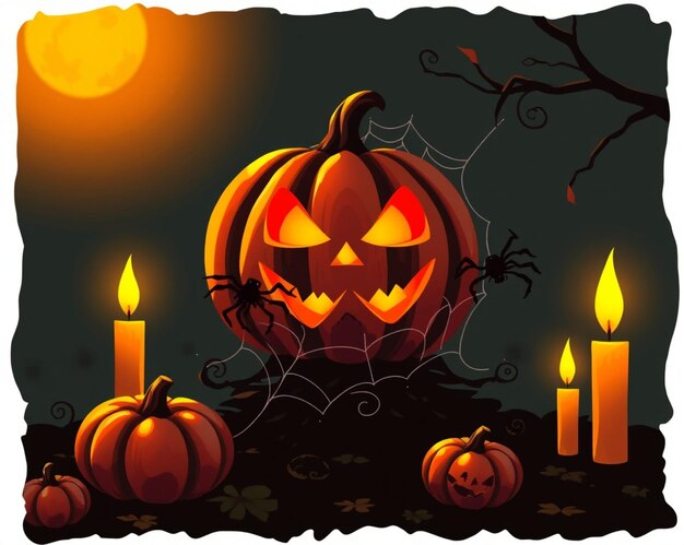 Photo jack o lantern halloween pumpkins spiders on web and burning candles