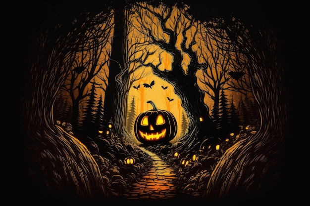 Jack O Lantern in a Haunted Woods on Halloween