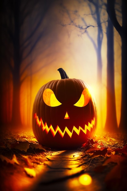 Jack o lantern pumpkin with glowing eyes in dark forest Generative AI