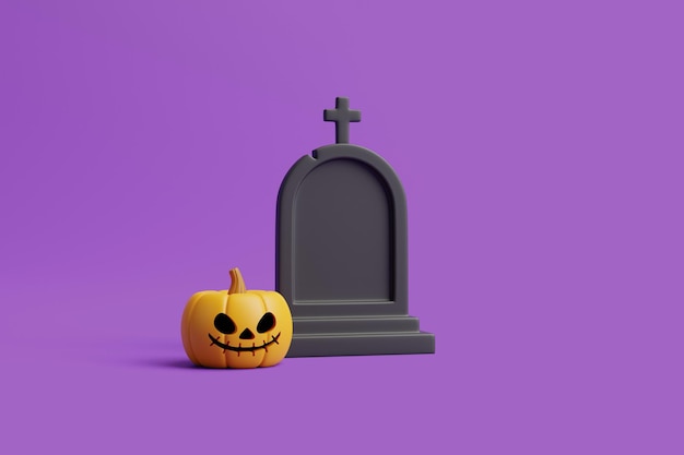 Jack o Lantern pumpkin with grave on purple background Happy Halloween concept 3D render