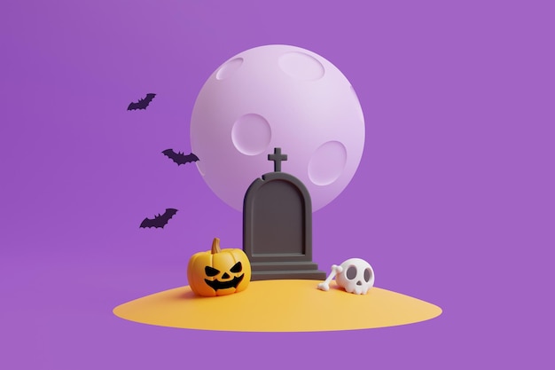 Jack o Lantern pumpkin with skull bone bats and grave under the moon on purple background 3D render