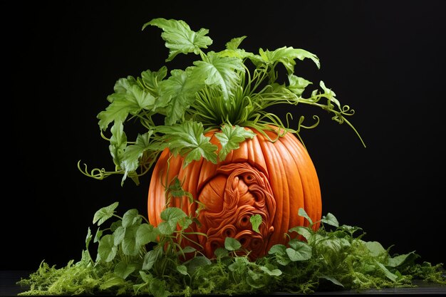 Photo jack o lantern pumpkin with stem and leaves for halloween