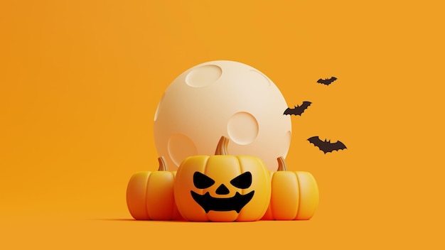 Jack o Lantern pumpkins and bats under the moon on orange background Happy Halloween 3D render