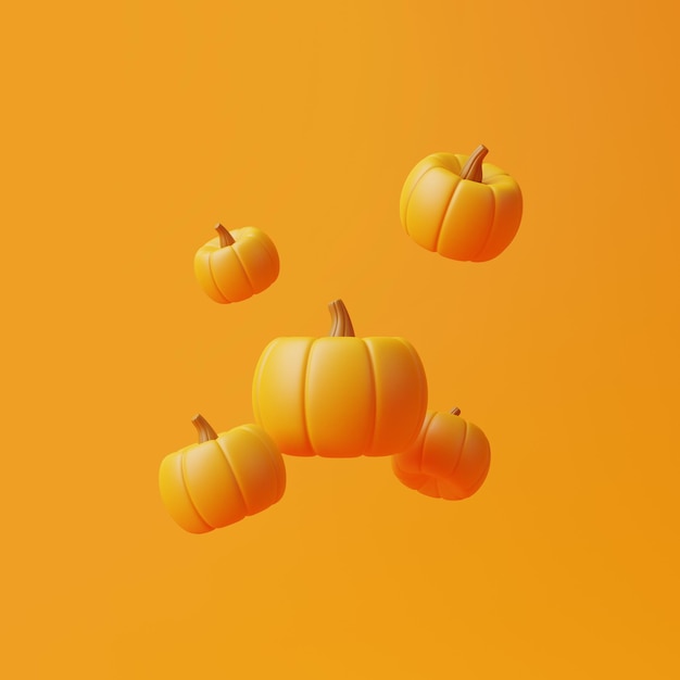 Jack o Lantern pumpkins floating on orange background Happy Halloween concept 3D render